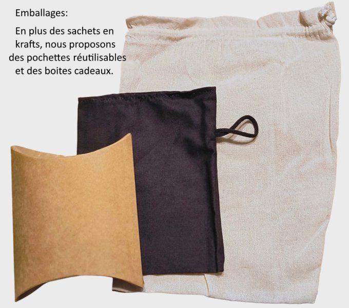 Boîte kraft recyclée, pochette noire et sac en coton réutilisables