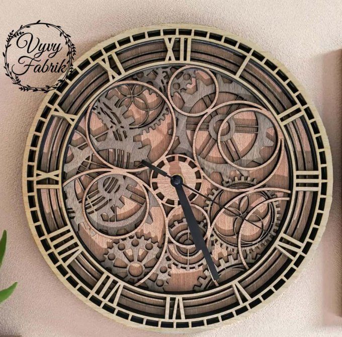 Horloge murale Steampunk en bois multicouche avec engrenages