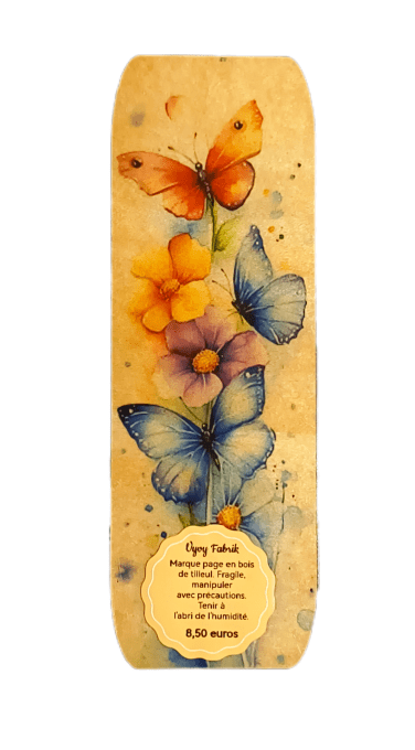 Marque-page en bois de tilleul découpé au laser et sublimé – motif fleurs et papillons