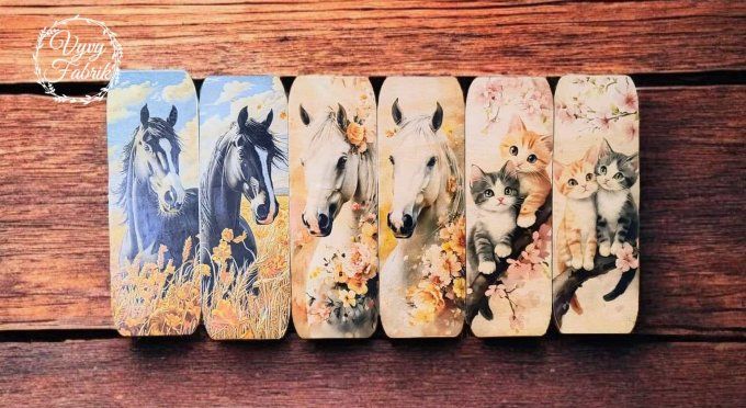 sublimation sur marque-page en bois de tilleul chevaux et chats