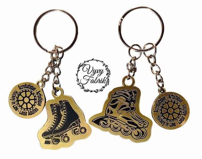 Porte-clés roller et patin en acrylique gravés au laser avec médaille logo association, édition soli