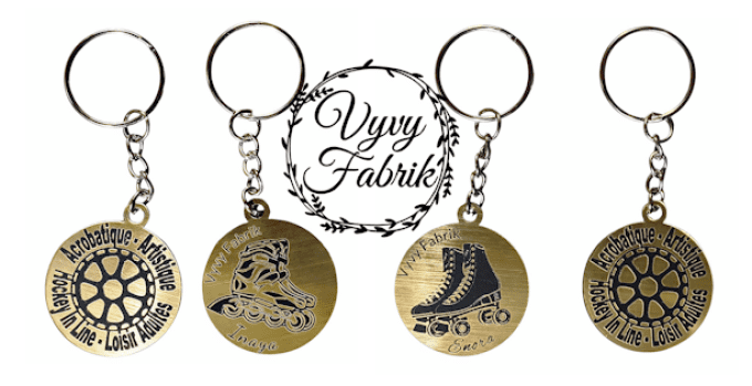 Porte-clés ronds roller ou patin en acrylique gravés au laser coloris or, or rose et argent édition 