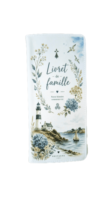 Protège-livret de famille personnalisé thème Bretagne avec phare et hortensias